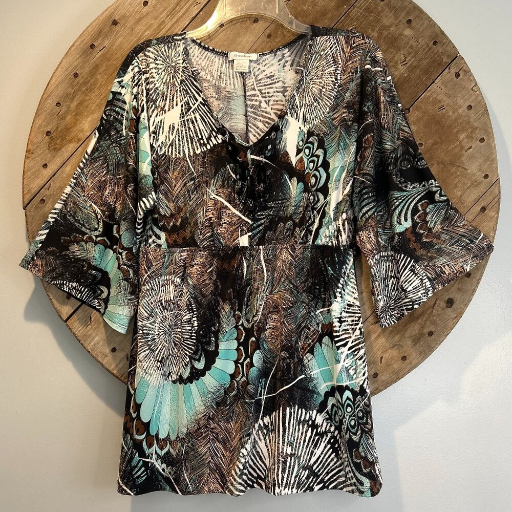 Dressbarn Peacock Turquoise/Black/White Tunic Top with black necklace -Size M